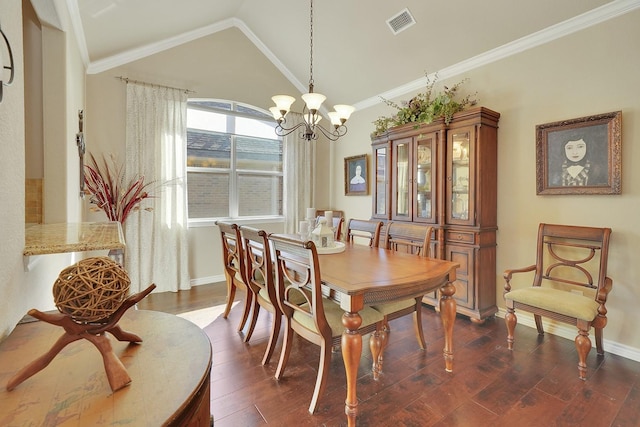 dining area with a chandelier, dark wood-style flooring, visible vents, and vaulted ceiling