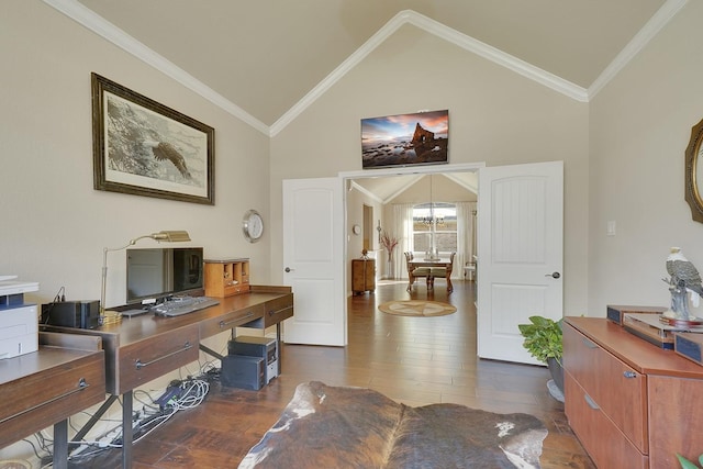 office space featuring high vaulted ceiling, dark wood-style floors, a chandelier, and crown molding