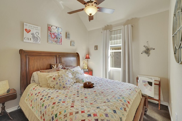 carpeted bedroom featuring lofted ceiling, ceiling fan, and baseboards