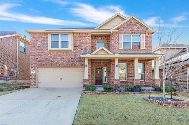 view of front of house with brick siding, concrete driveway, covered porch, an attached garage, and a front lawn