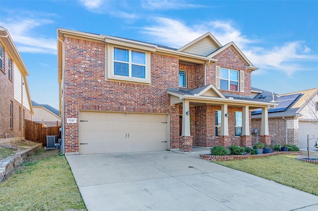 view of front facade featuring a garage, concrete driveway, fence, central air condition unit, and brick siding