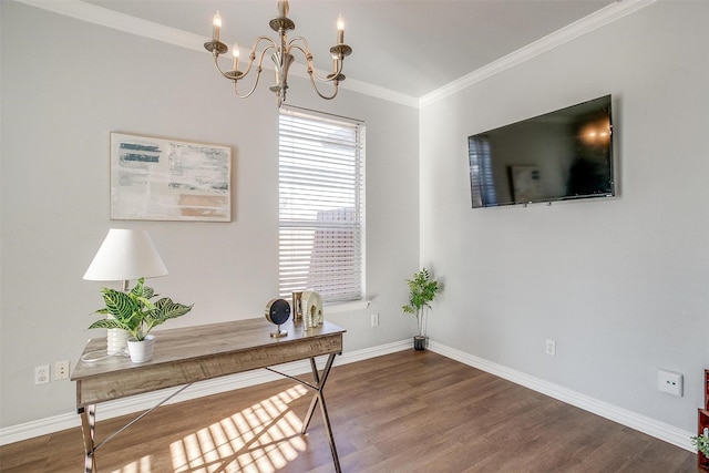 home office featuring dark wood-type flooring, a notable chandelier, and crown molding