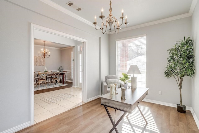 interior space featuring a notable chandelier, crown molding, and wood-type flooring