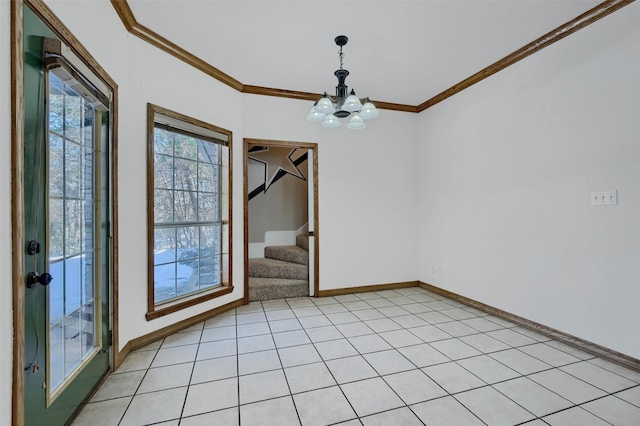 interior space featuring crown molding and a notable chandelier