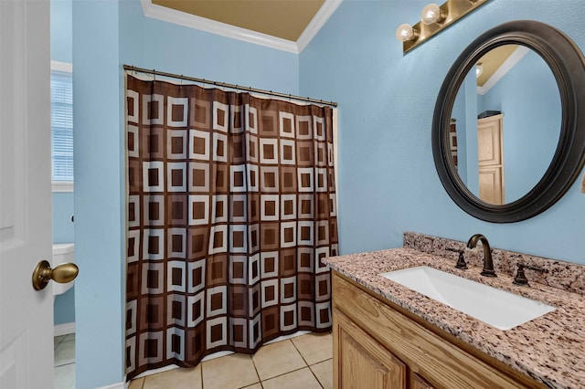 bathroom featuring vanity, tile patterned flooring, ornamental molding, and curtained shower