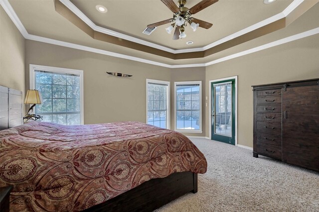 carpeted bedroom with a raised ceiling, ceiling fan, and crown molding