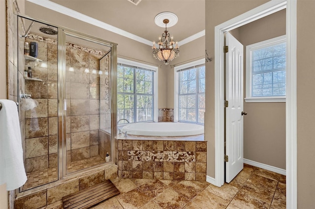 bathroom featuring independent shower and bath, crown molding, a wealth of natural light, and a notable chandelier