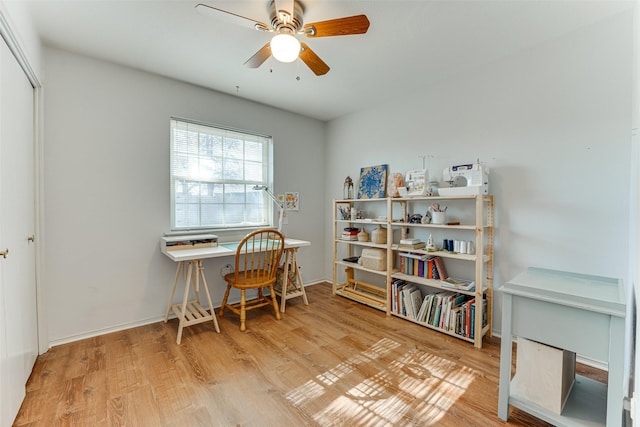 office with ceiling fan and light hardwood / wood-style flooring