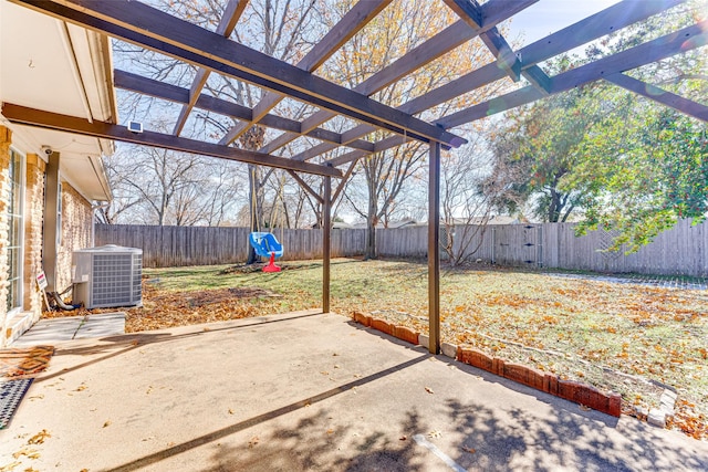 view of patio featuring central AC unit and a pergola