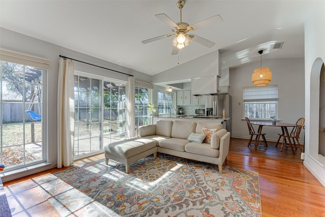 living room featuring lofted ceiling, a wealth of natural light, and light wood-type flooring