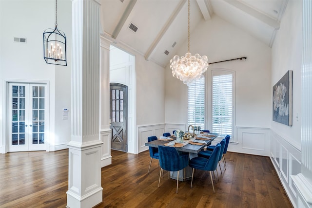 dining room with high vaulted ceiling, dark hardwood / wood-style floors, beam ceiling, and french doors