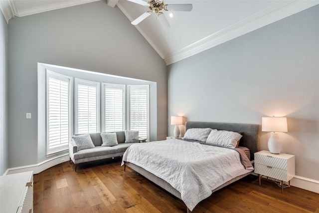 bedroom featuring ceiling fan, hardwood / wood-style floors, beam ceiling, ornamental molding, and high vaulted ceiling