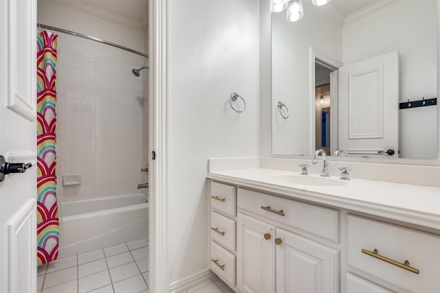 bathroom with vanity, tile patterned floors, crown molding, and shower / bathtub combination with curtain