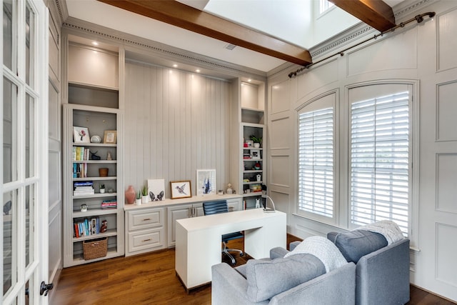 office featuring dark hardwood / wood-style flooring, built in features, and beam ceiling