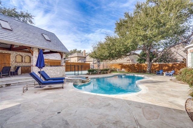 view of swimming pool featuring a gazebo, a patio, and an in ground hot tub