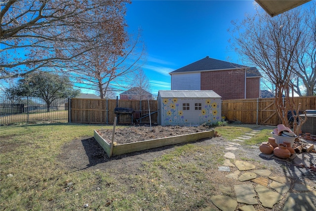 view of yard with cooling unit and a storage unit