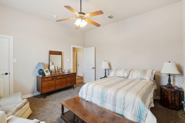 bedroom with ceiling fan and carpet floors