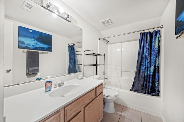 full bathroom with toilet, shower / tub combo, tile patterned floors, and vanity