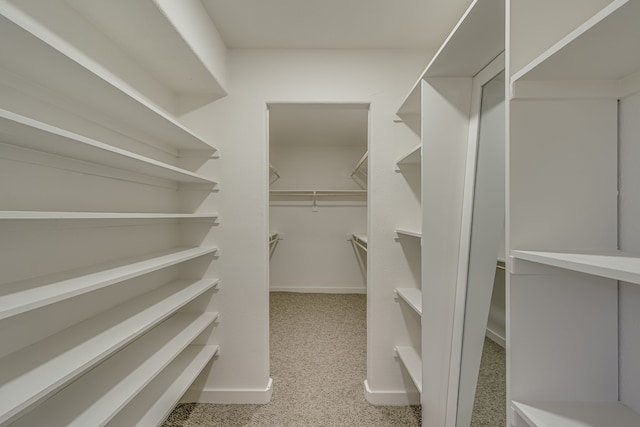 walk in closet featuring light colored carpet