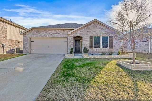 view of front of home with a garage, a front yard, and central air condition unit