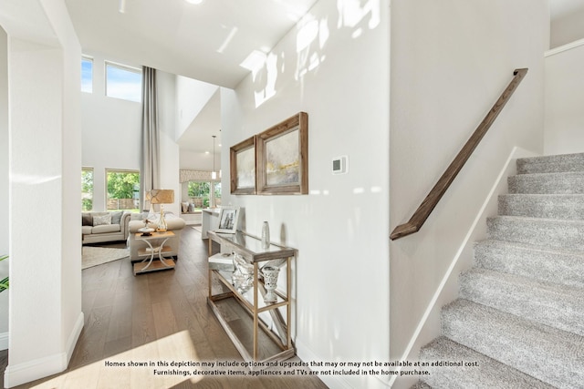 stairway featuring a towering ceiling and hardwood / wood-style flooring