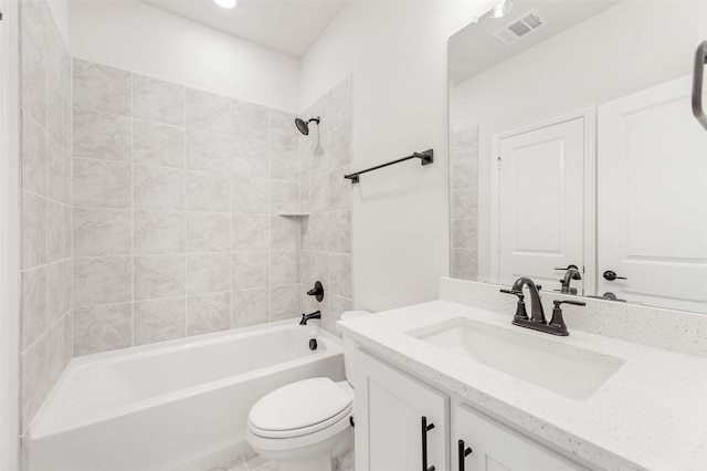 full bath featuring  shower combination, toilet, vanity, and visible vents
