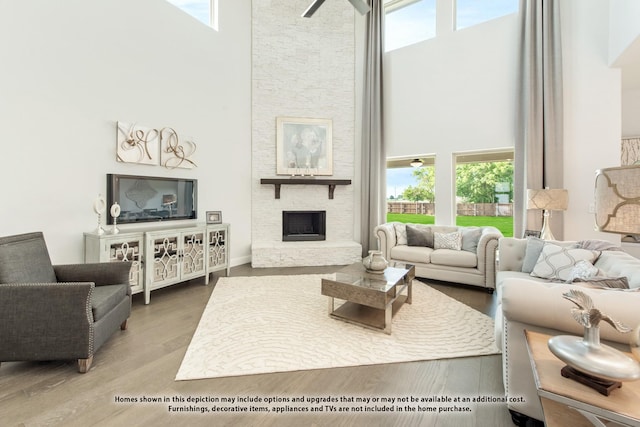 living room with a high ceiling, a fireplace, and wood-type flooring