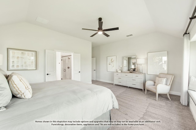 carpeted bedroom with vaulted ceiling and ceiling fan