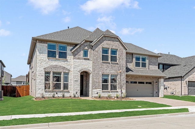 french country home with a front lawn, driveway, stone siding, fence, and a shingled roof