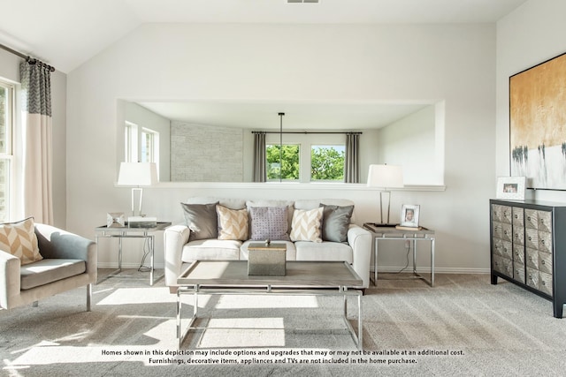 living room featuring vaulted ceiling and light carpet