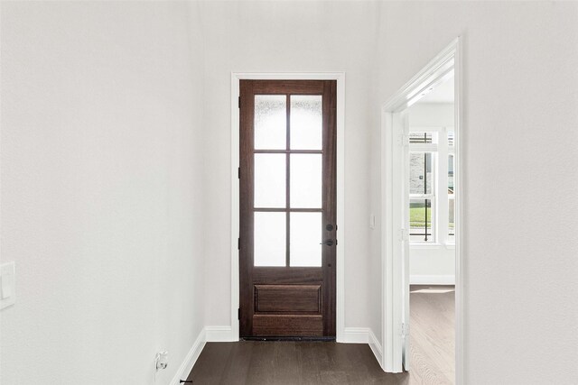 entryway with plenty of natural light, baseboards, and dark wood-type flooring