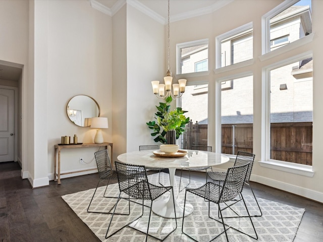 dining room featuring a healthy amount of sunlight, a notable chandelier, crown molding, and dark hardwood / wood-style floors