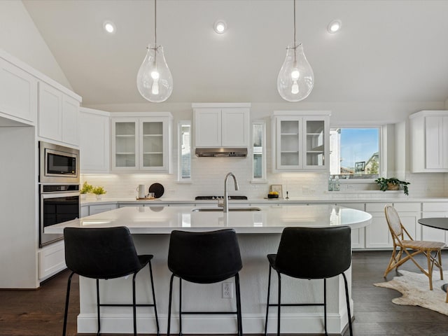 kitchen featuring stainless steel appliances, white cabinetry, vaulted ceiling, an island with sink, and hanging light fixtures