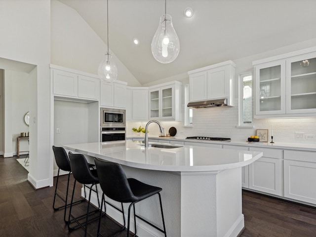 kitchen featuring sink, stainless steel appliances, white cabinetry, and a kitchen island with sink