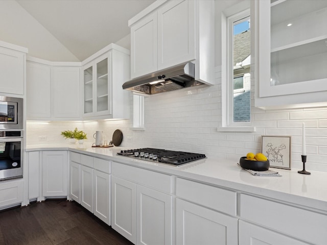 kitchen featuring ventilation hood, vaulted ceiling, white cabinetry, and appliances with stainless steel finishes