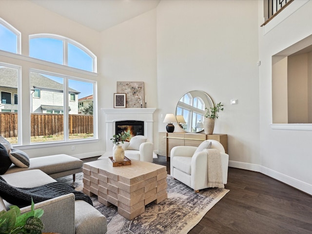 living room with a towering ceiling and dark hardwood / wood-style floors