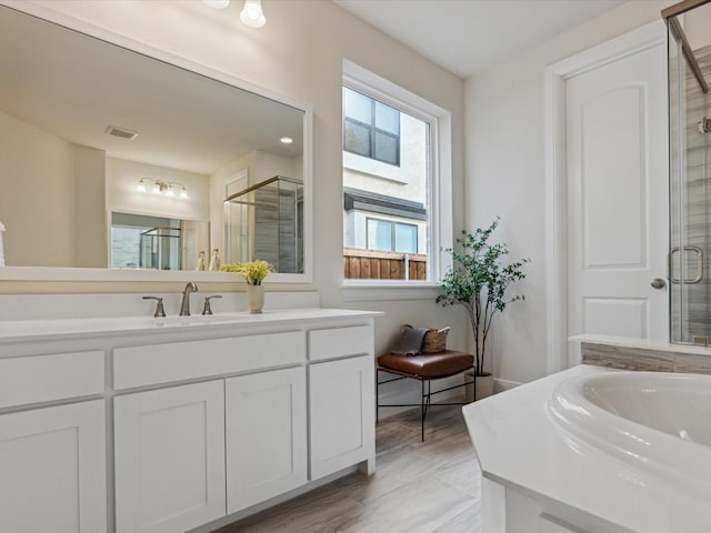 bathroom featuring vanity and a shower with shower door