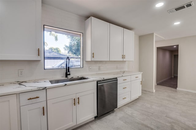 kitchen featuring white cabinetry, light stone countertops, dishwasher, and sink