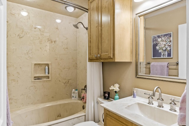 full bathroom featuring toilet, shower / tub combo with curtain, and vanity