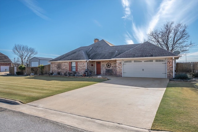 115 Juanita Ave, Wills Point, TX 75169 - view of front facade with an attached garage, brick siding, concrete driveway, a shingled roof, and a chimney