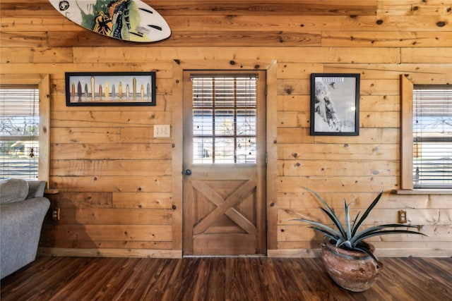 entryway featuring wood walls, a wealth of natural light, and hardwood / wood-style floors