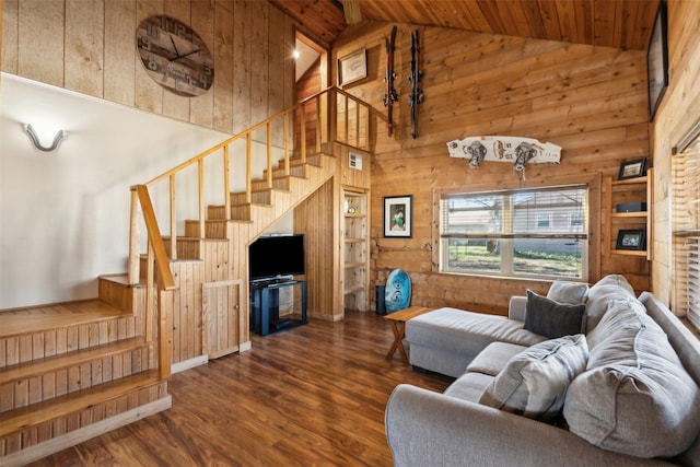 living room featuring wood ceiling, high vaulted ceiling, wood walls, and dark hardwood / wood-style floors