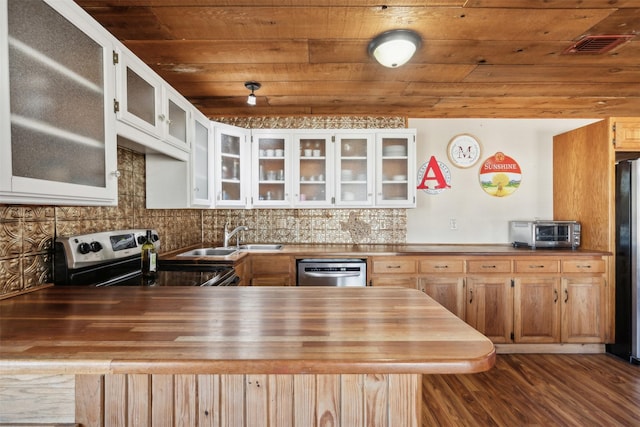 kitchen featuring sink, wooden ceiling, tasteful backsplash, kitchen peninsula, and appliances with stainless steel finishes