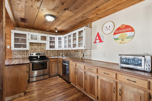 kitchen with dark hardwood / wood-style floors, stainless steel appliances, white cabinets, wooden ceiling, and sink