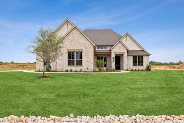 view of front of property featuring a shingled roof, a front yard, and brick siding