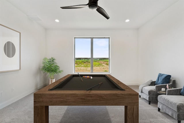 rec room with carpet floors, recessed lighting, a ceiling fan, and baseboards