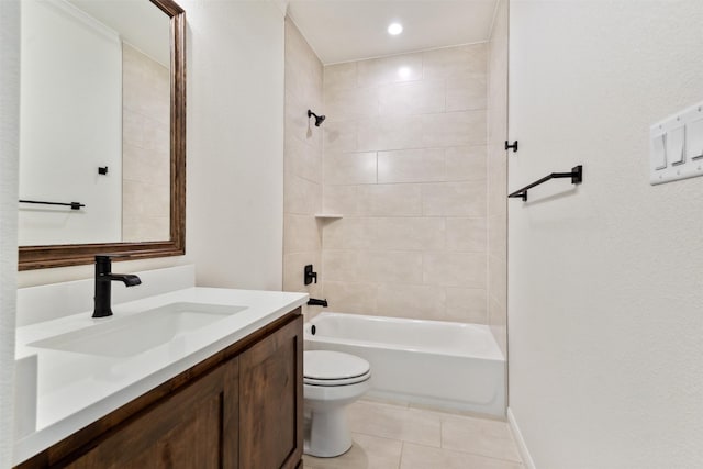 bathroom with toilet, shower / bathtub combination, tile patterned flooring, and vanity