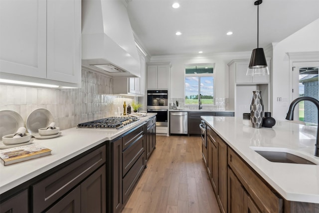 kitchen featuring light hardwood / wood-style floors, hanging light fixtures, appliances with stainless steel finishes, custom range hood, and sink