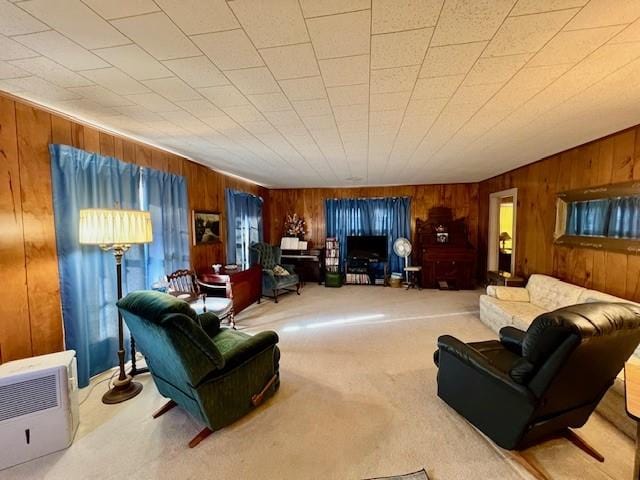 living room with heating unit and light colored carpet