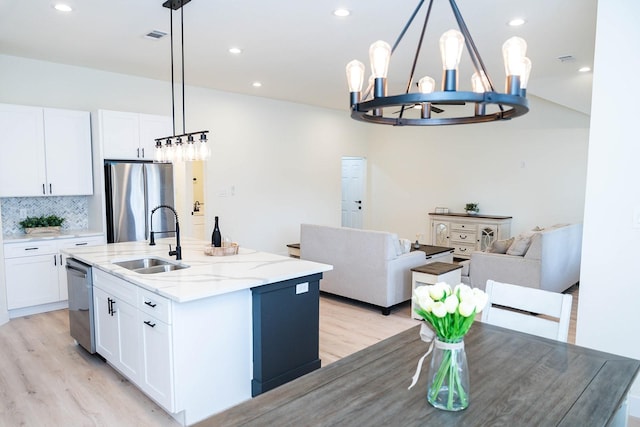 kitchen with appliances with stainless steel finishes, pendant lighting, sink, white cabinets, and a kitchen island with sink